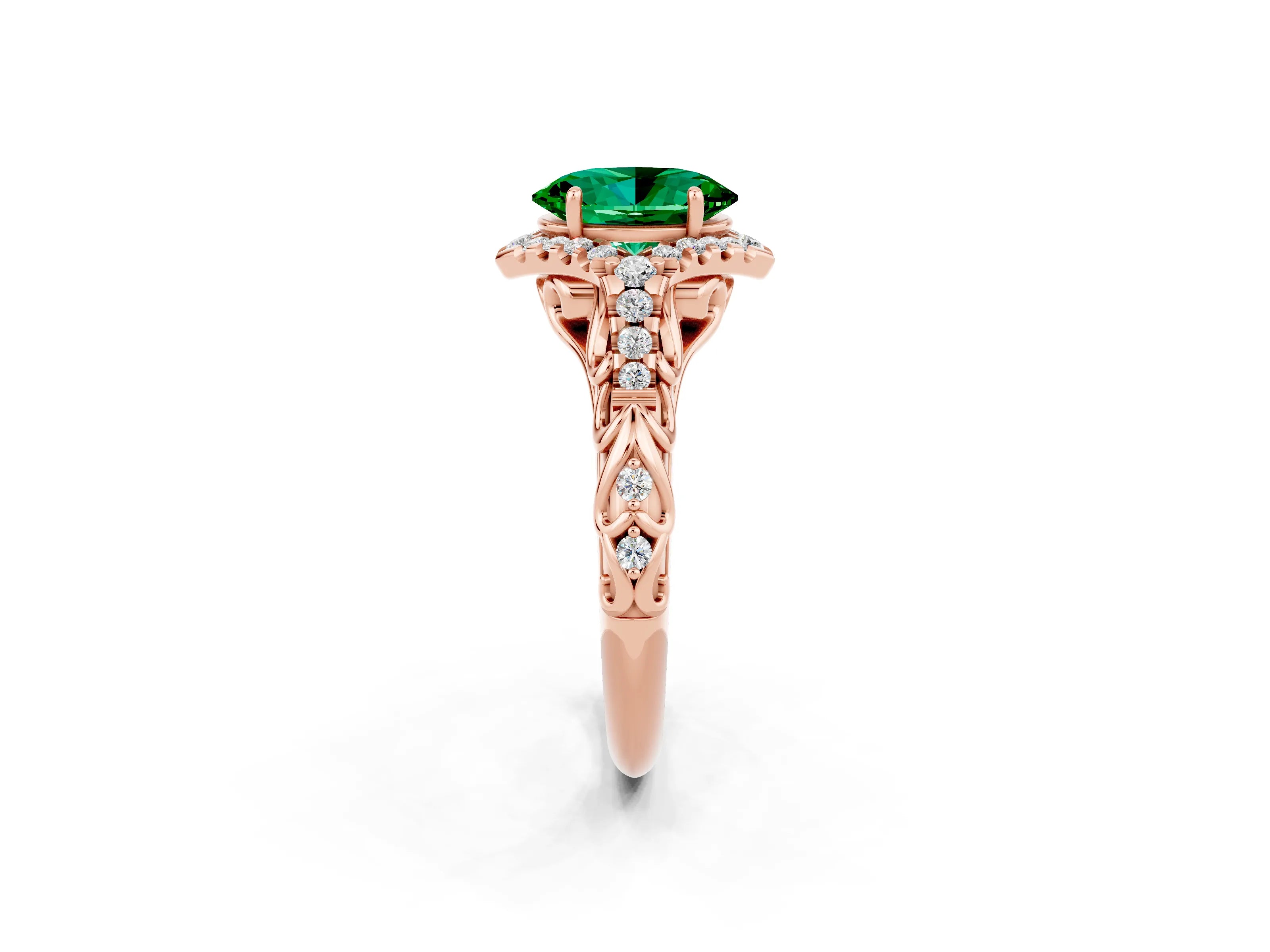 Rose gold Oval Cut Emerald Solitaire Ring with Hidden Halo and Pavé Band_14