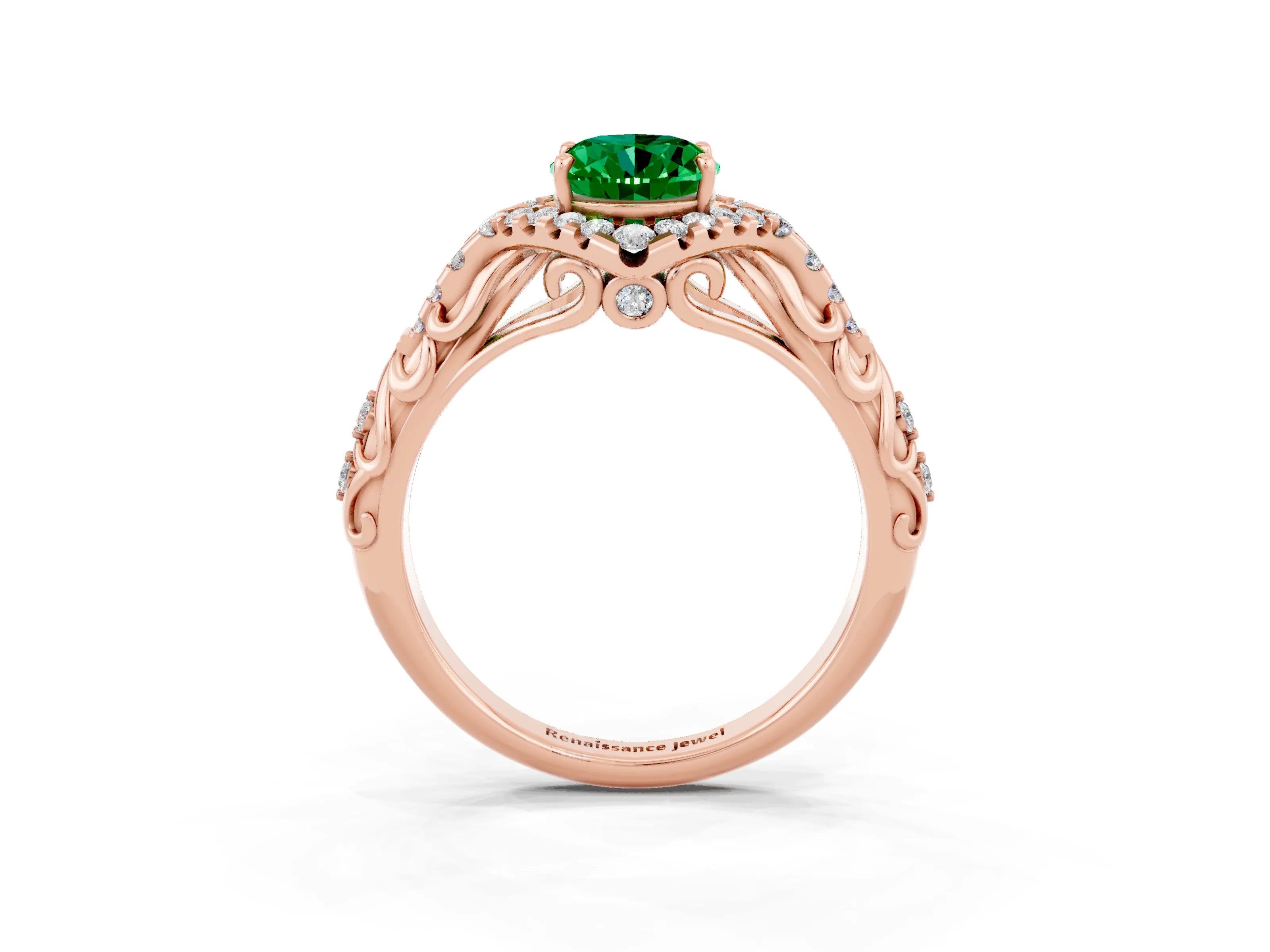 Rose gold Oval Cut Emerald Solitaire Ring with Hidden Halo and Pavé Band_15