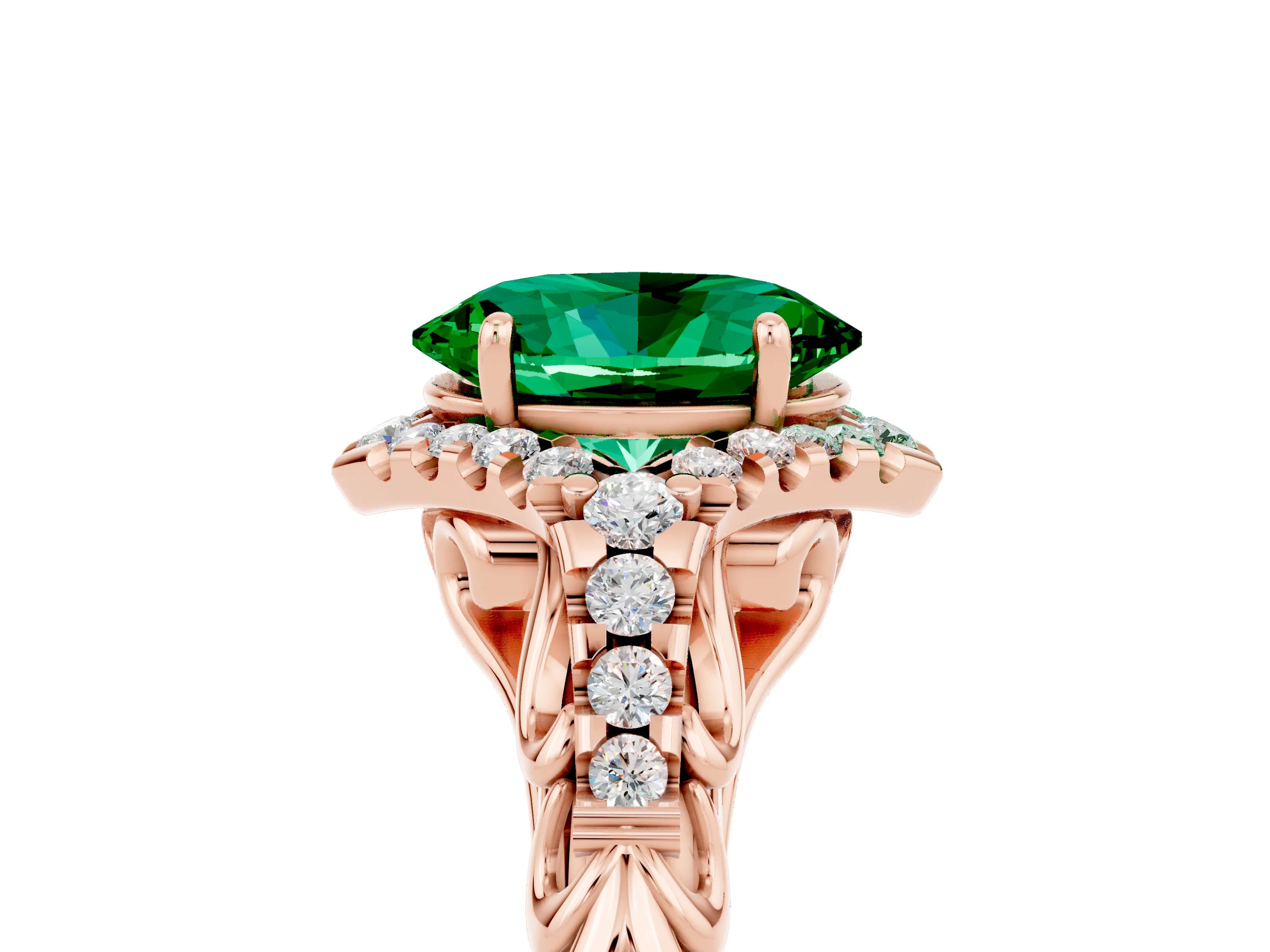 Rose gold Oval Cut Emerald Solitaire Ring with Hidden Halo and Pavé Band_17
