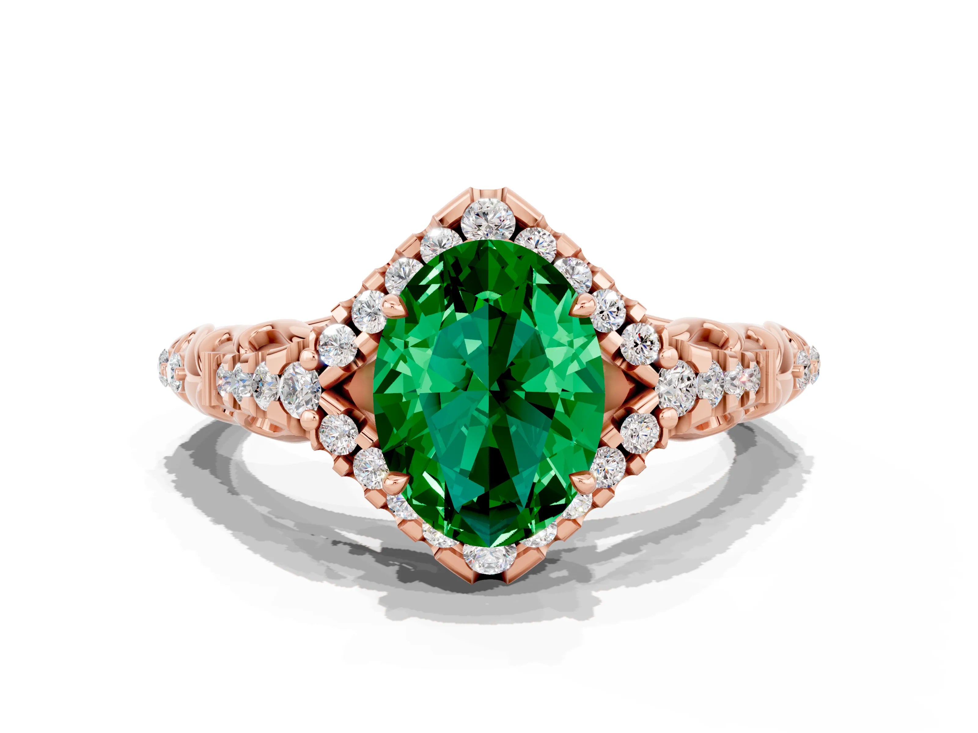 Rose gold Oval Cut Emerald Solitaire Ring with Hidden Halo and Pavé Band_20