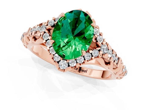 Rose gold Oval Cut Emerald Solitaire Ring with Hidden Halo and Pavé Band_21