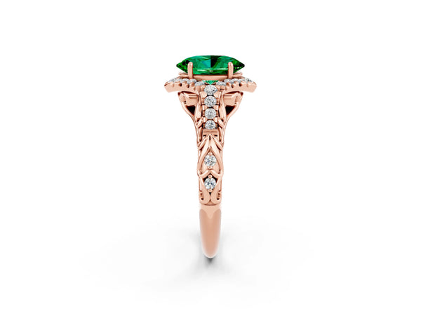 Rose gold Oval Cut Emerald Solitaire Ring with Hidden Halo and Pavé Band