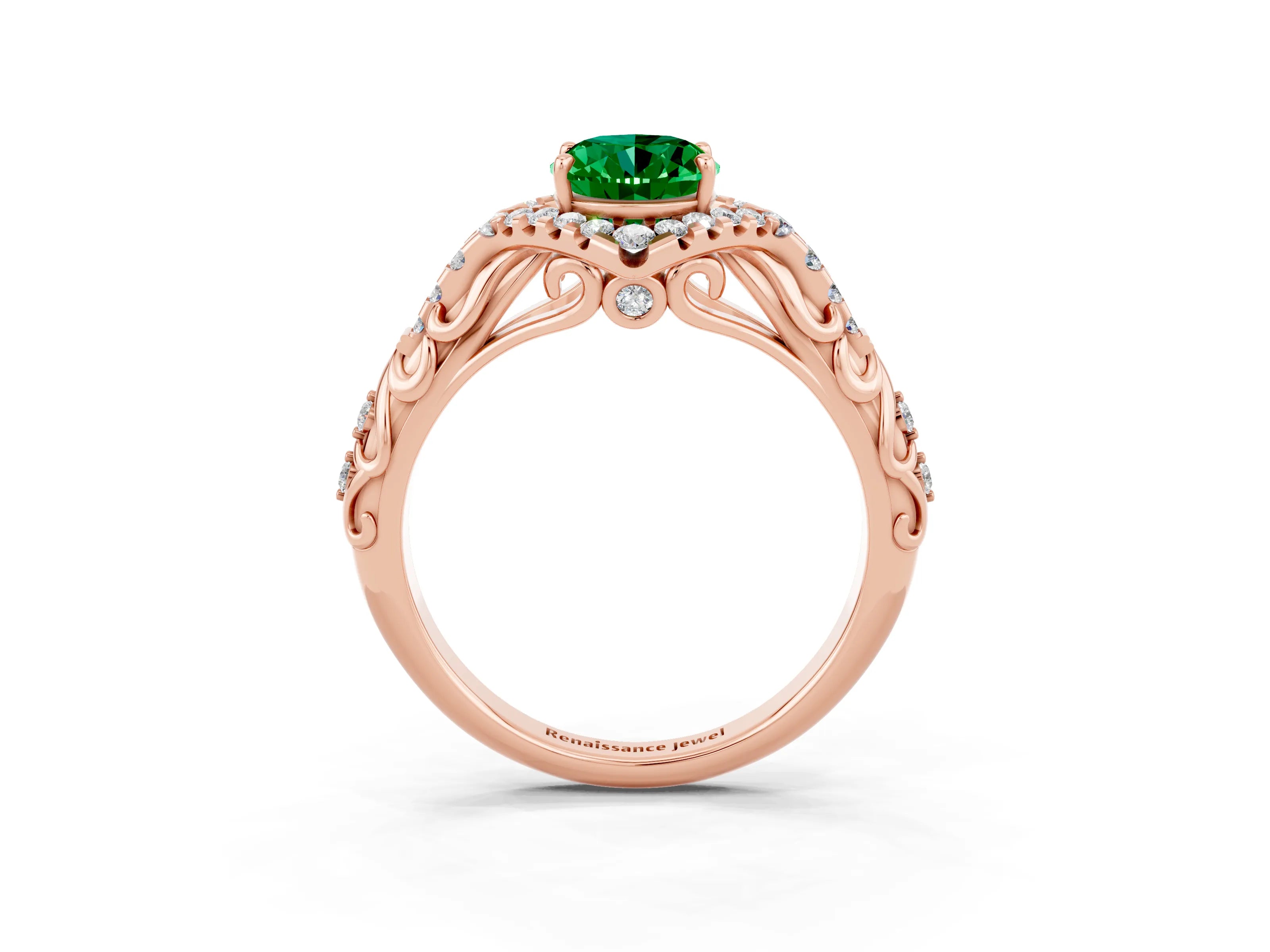 Rose gold Oval Cut Emerald Solitaire Ring with Hidden Halo and Pavé Band_23