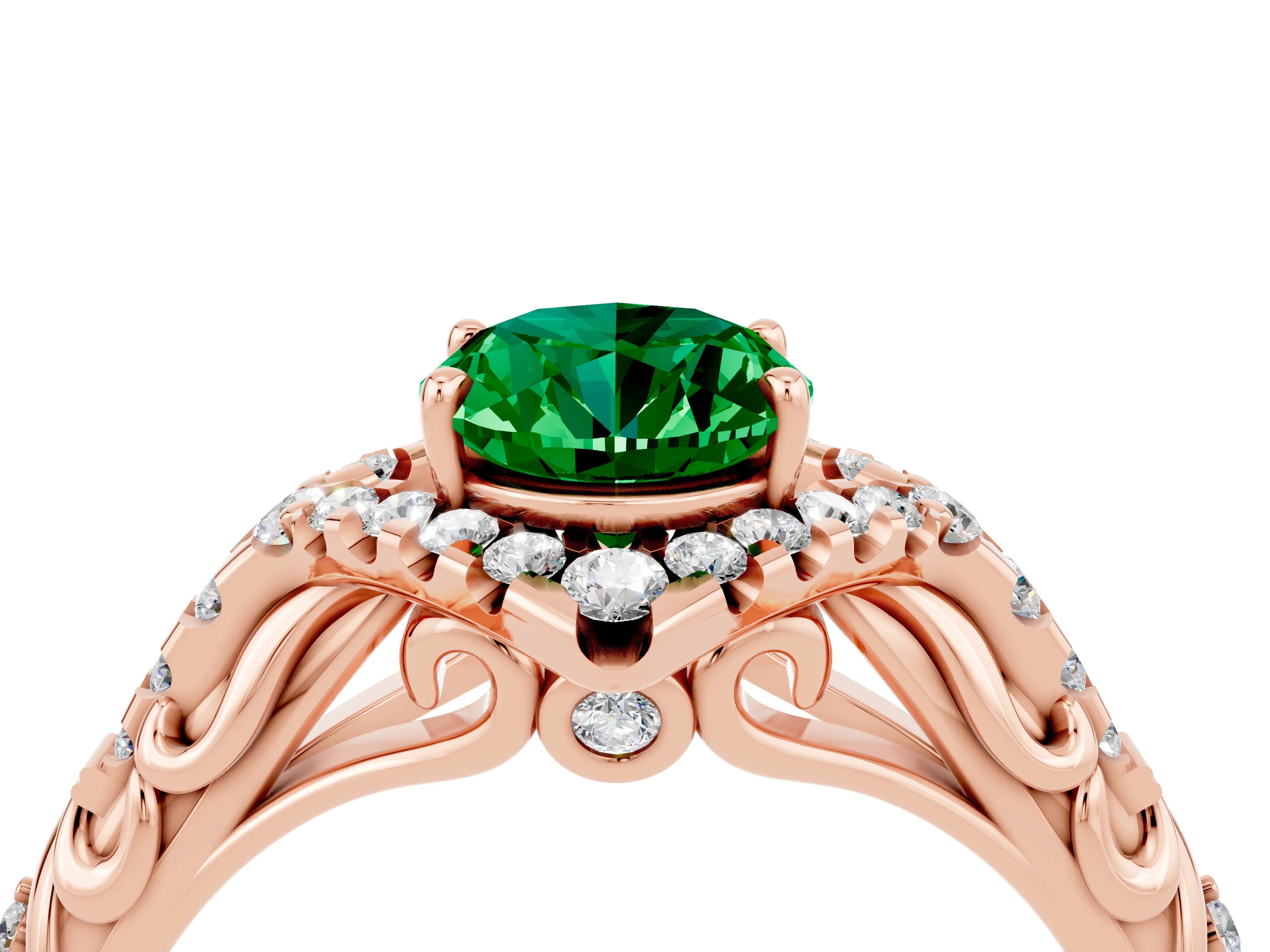 Rose gold Oval Cut Emerald Solitaire Ring with Hidden Halo and Pavé Band_24