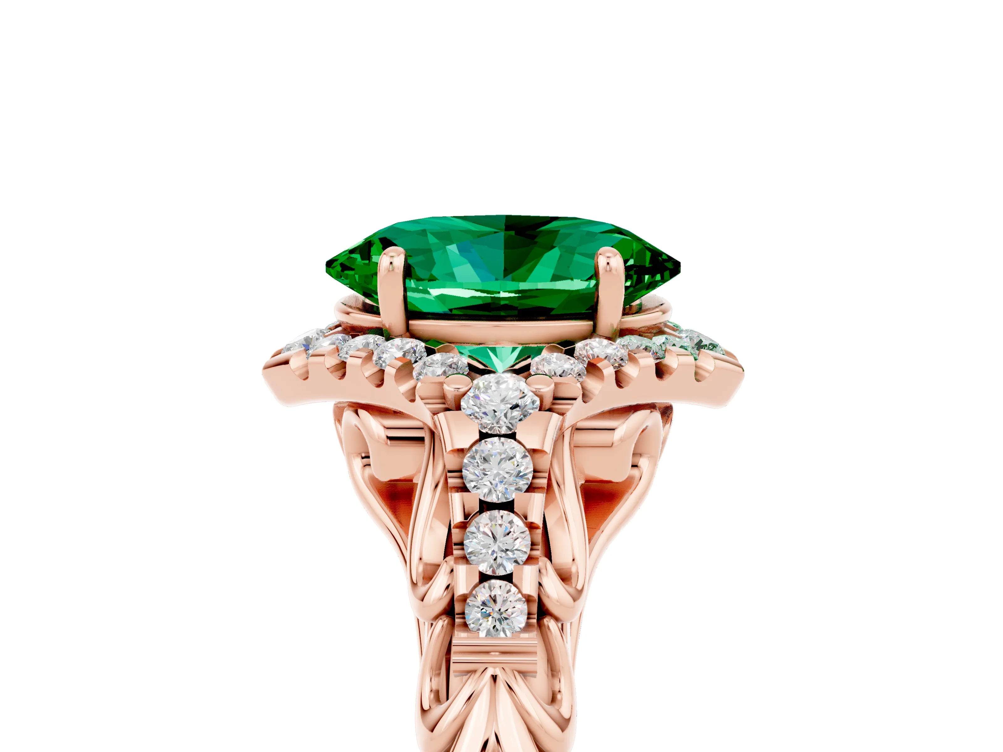 Rose gold Oval Cut Emerald Solitaire Ring with Hidden Halo and Pavé Band_25
