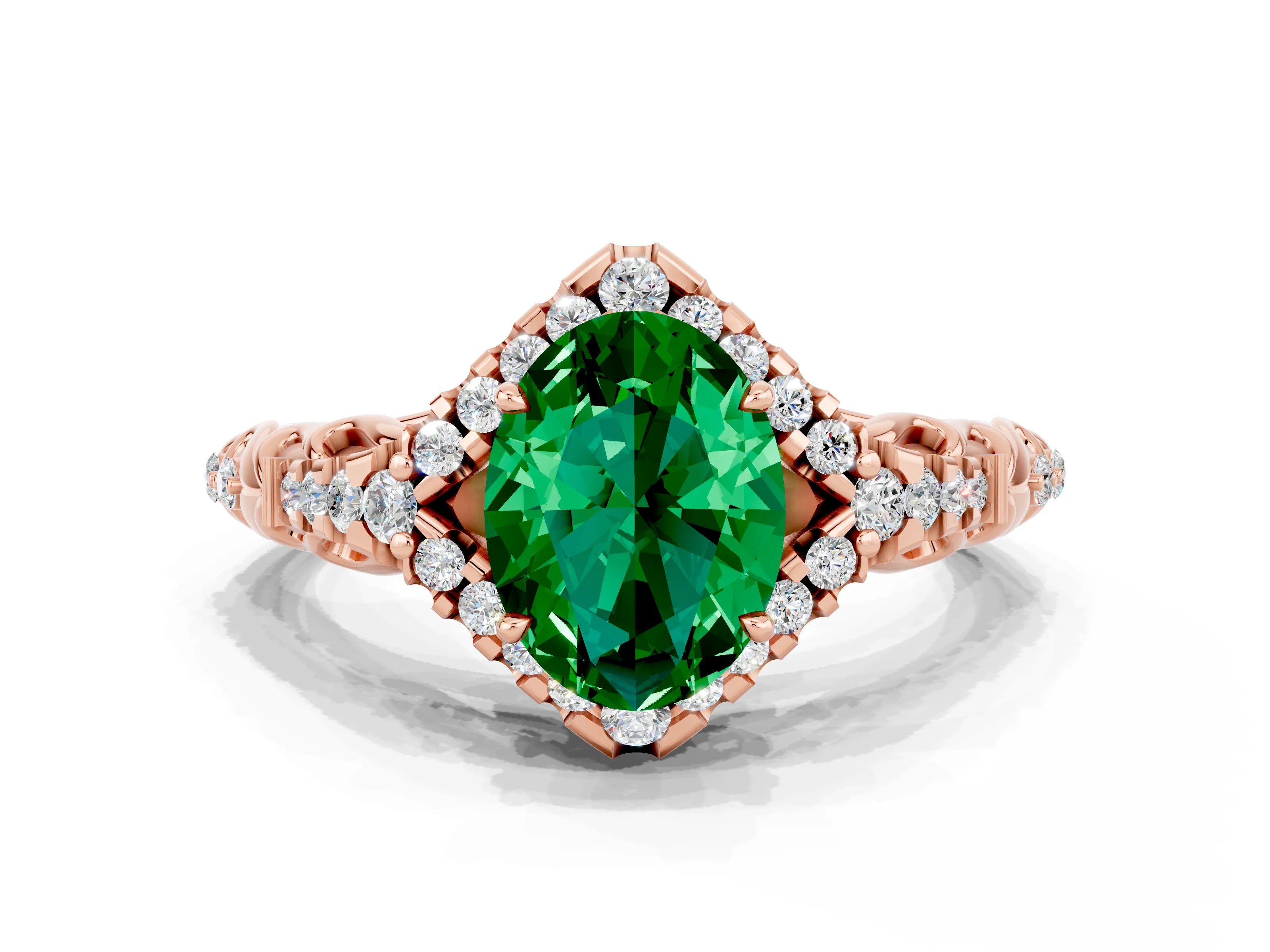 Rose gold Oval Cut Emerald Solitaire Ring with Hidden Halo and Pavé Band_32