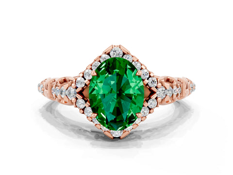 Rose gold Oval Cut Emerald Solitaire Ring with Hidden Halo and Pavé Band_32