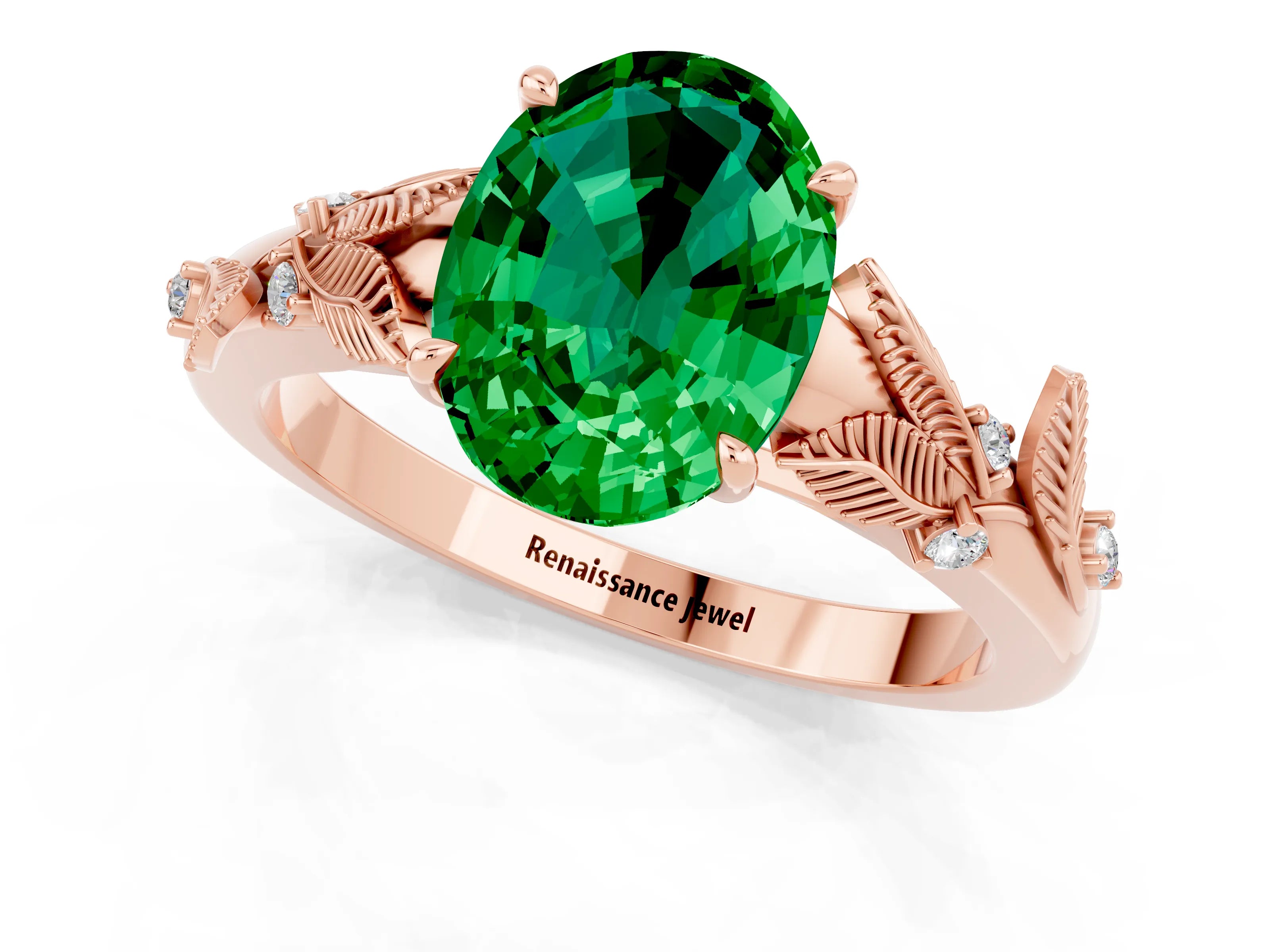 Rose gold Oval Cut Emerald Solitaire Ring with Leaf Motif Band and Four-Prong Setting_1