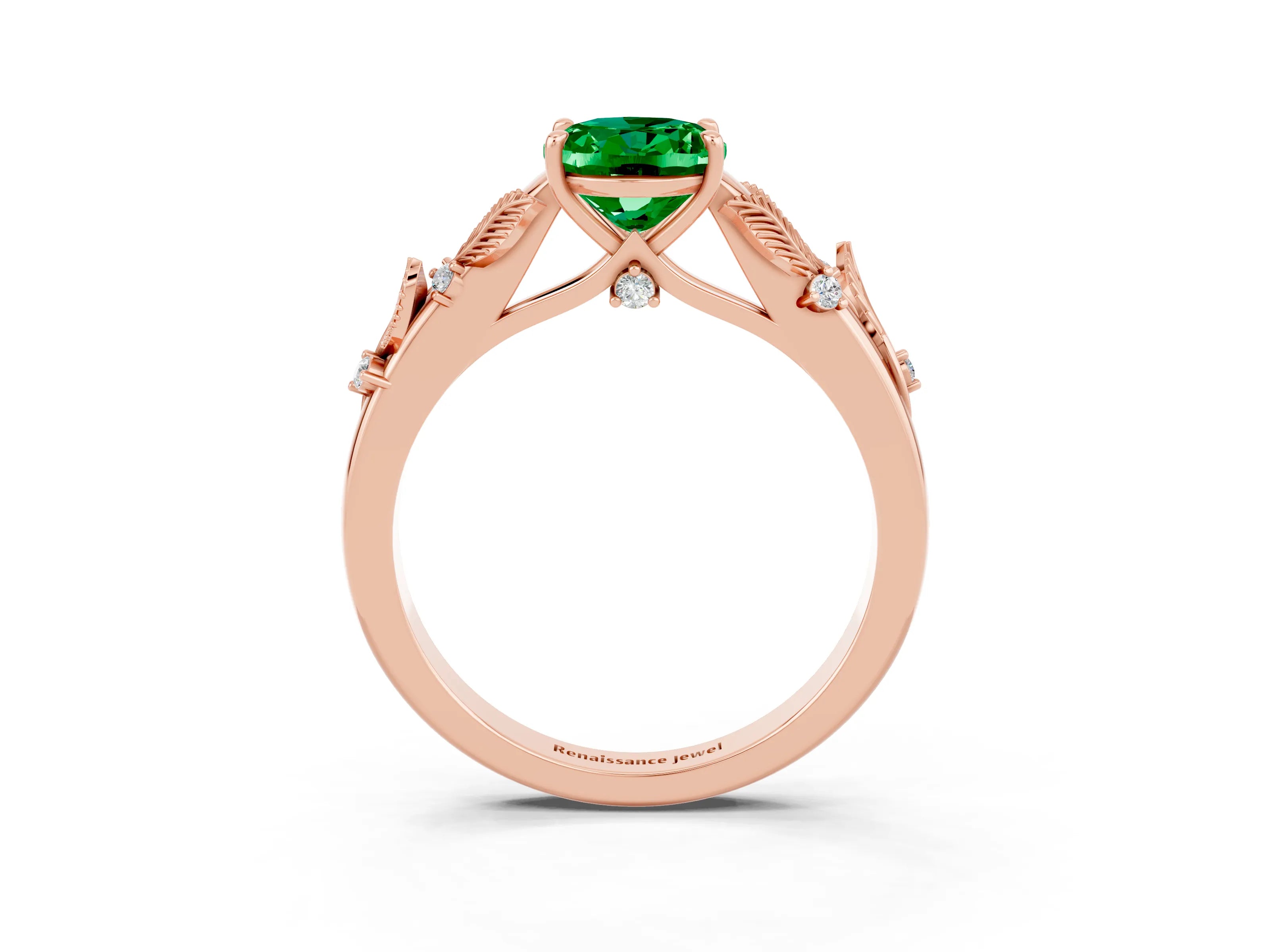 Rose gold Oval Cut Emerald Solitaire Ring with Leaf Motif Band and Four-Prong Setting_3