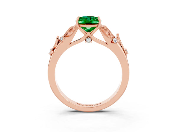 Rose gold Oval Cut Emerald Solitaire Ring with Leaf Motif Band and Four-Prong Setting