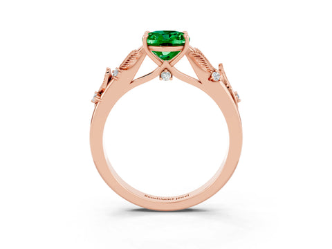 Rose gold Oval Cut Emerald Solitaire Ring with Leaf Motif Band and Four-Prong Setting_3