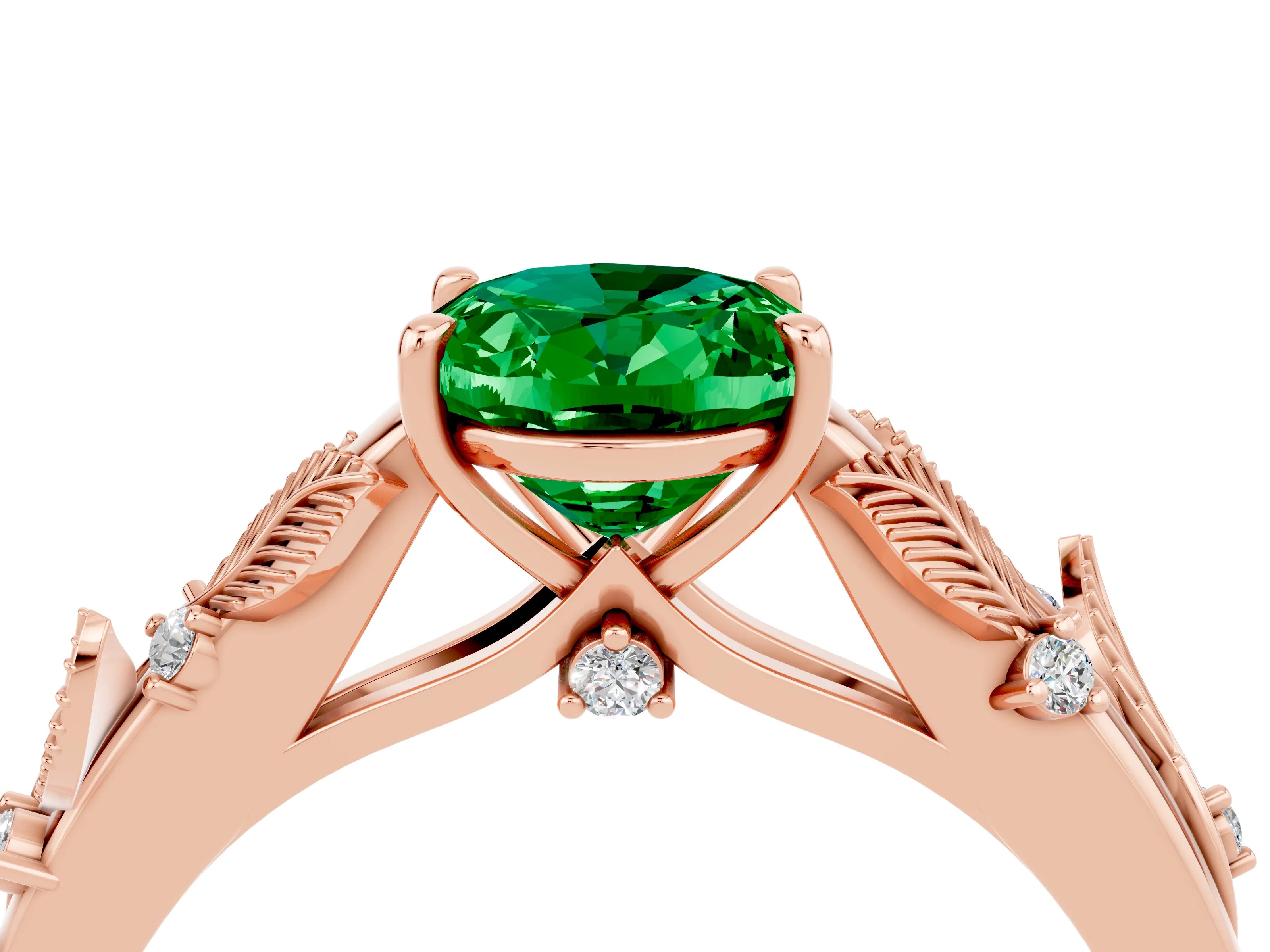 Rose gold Oval Cut Emerald Solitaire Ring with Leaf Motif Band and Four-Prong Setting_4