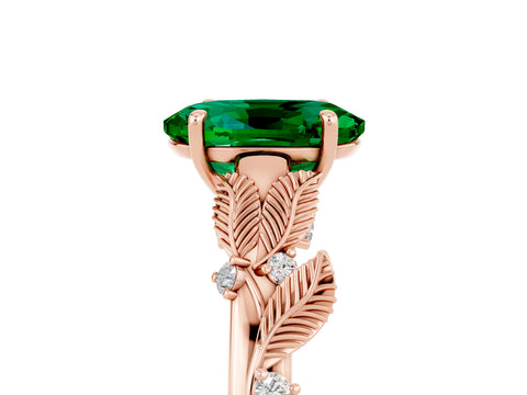 Rose gold Oval Cut Emerald Solitaire Ring with Leaf Motif Band and Four-Prong Setting_5