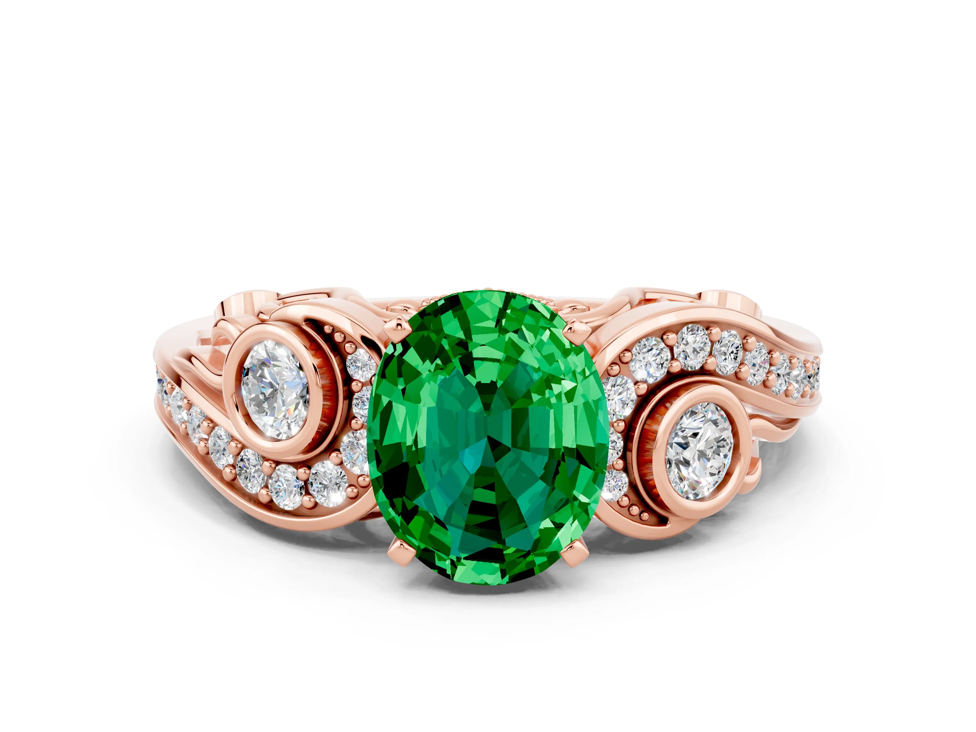 Rose gold Oval Cut Emerald Solitaire Ring with Milgrain Pavé Band and Four-Prong Setting_24