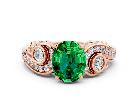Rose gold Oval Cut Emerald Solitaire Ring with Milgrain Pavé Band and Four-Prong Setting_24