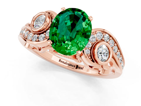 Rose gold Oval Cut Emerald Solitaire Ring with Milgrain Pavé Band and Four-Prong Setting_25