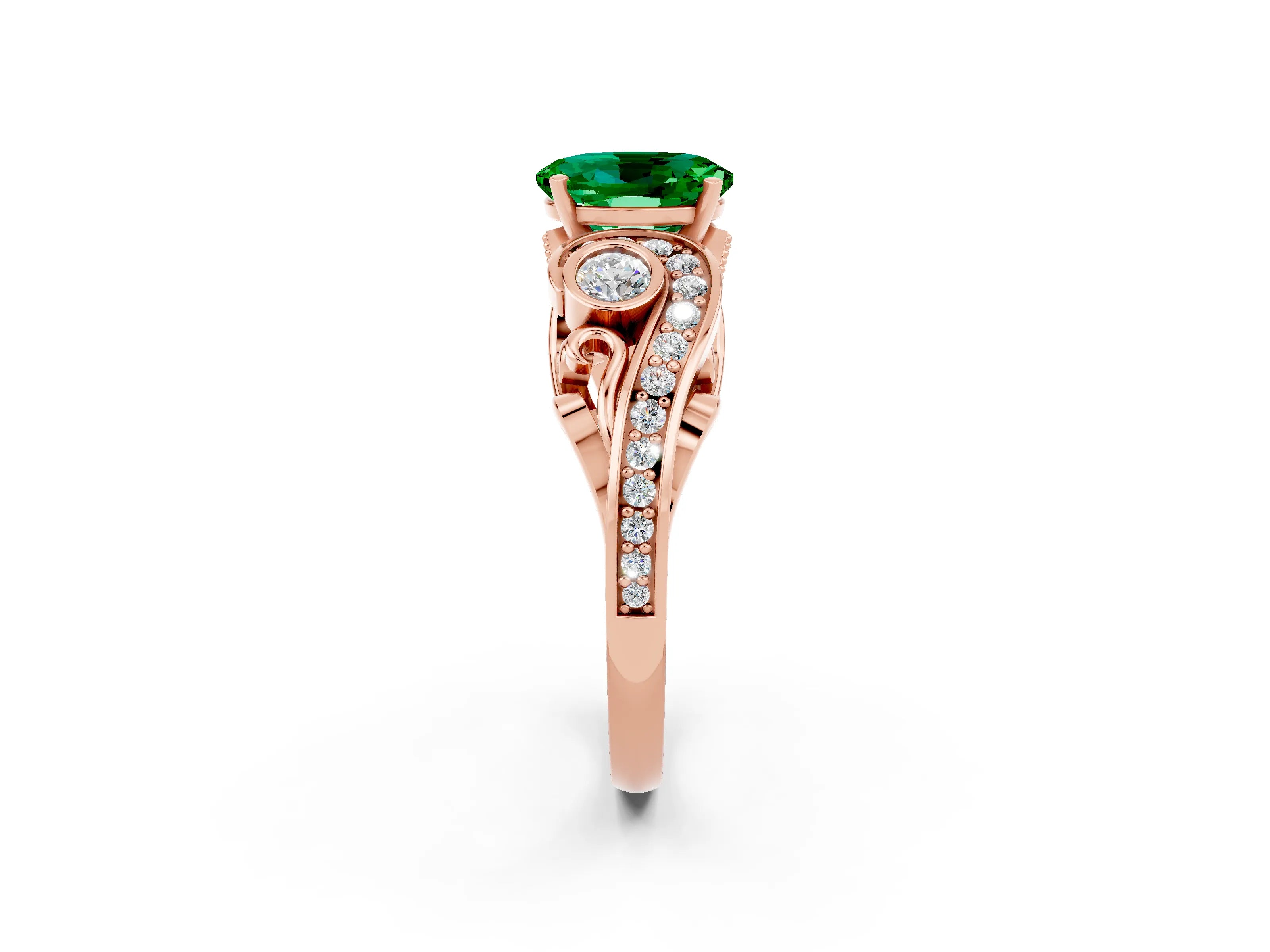 Rose gold Oval Cut Emerald Solitaire Ring with Milgrain Pavé Band and Four-Prong Setting_26