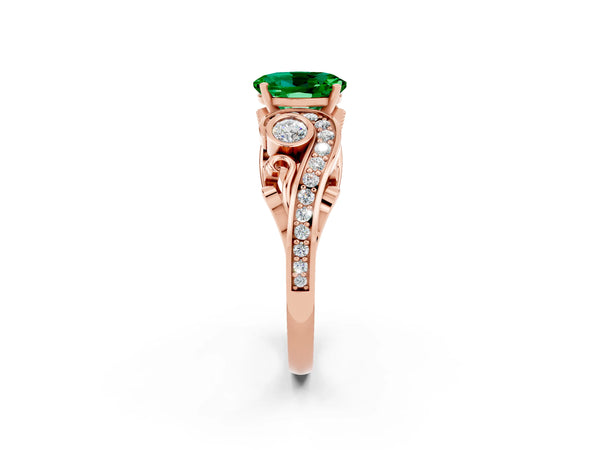 Rose gold Oval Cut Emerald Solitaire Ring with Milgrain Pavé Band and Four-Prong Setting