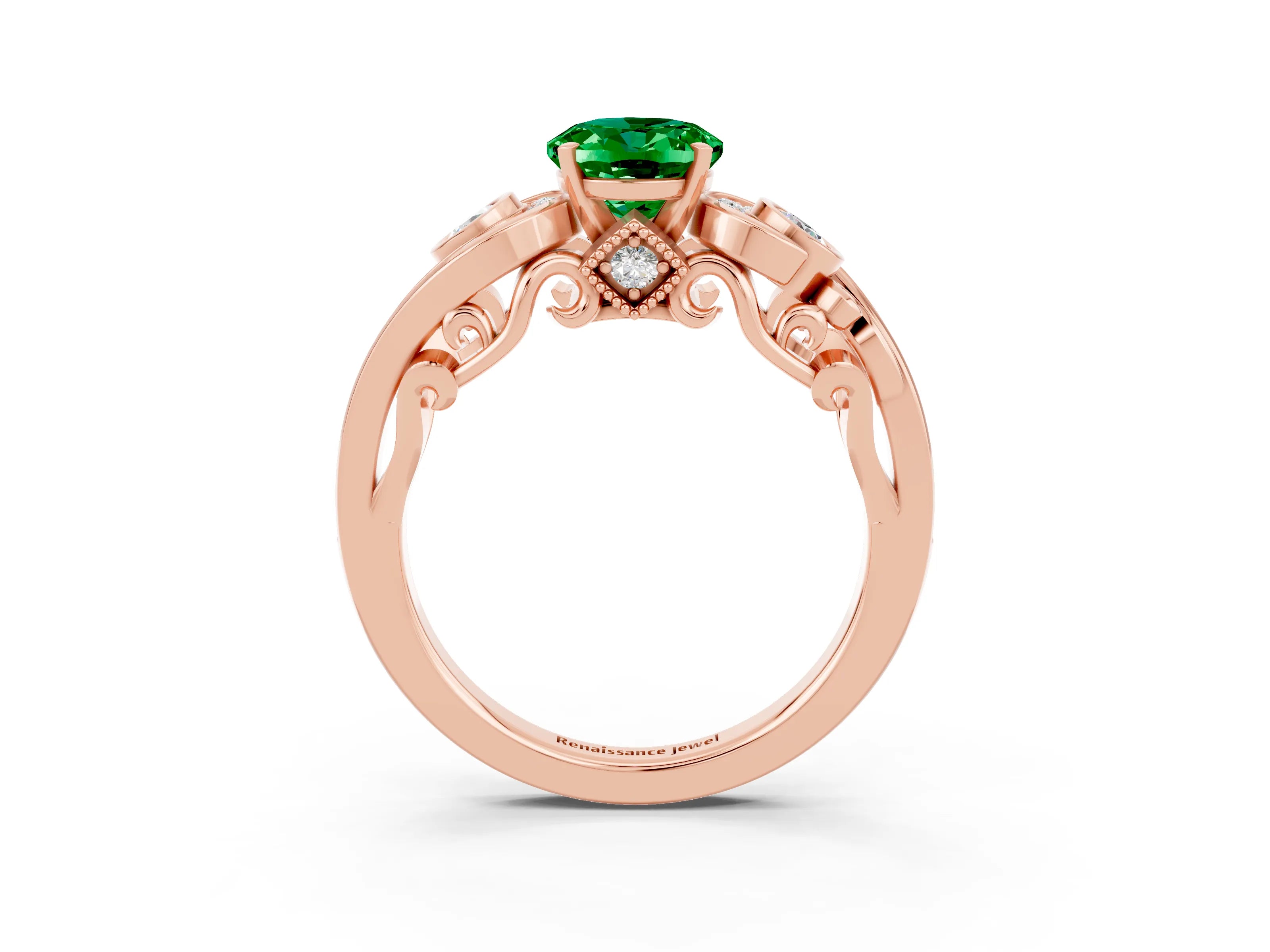Rose gold Oval Cut Emerald Solitaire Ring with Milgrain Pavé Band and Four-Prong Setting_27