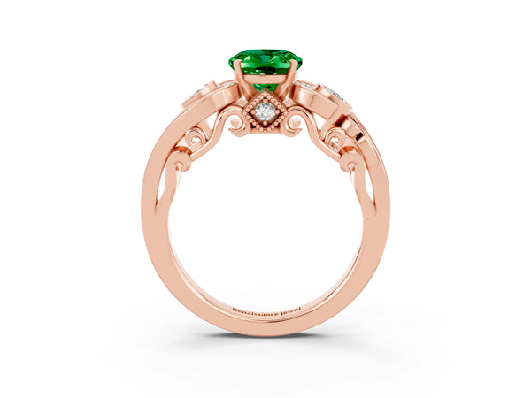 Rose gold Oval Cut Emerald Solitaire Ring with Milgrain Pavé Band and Four-Prong Setting
