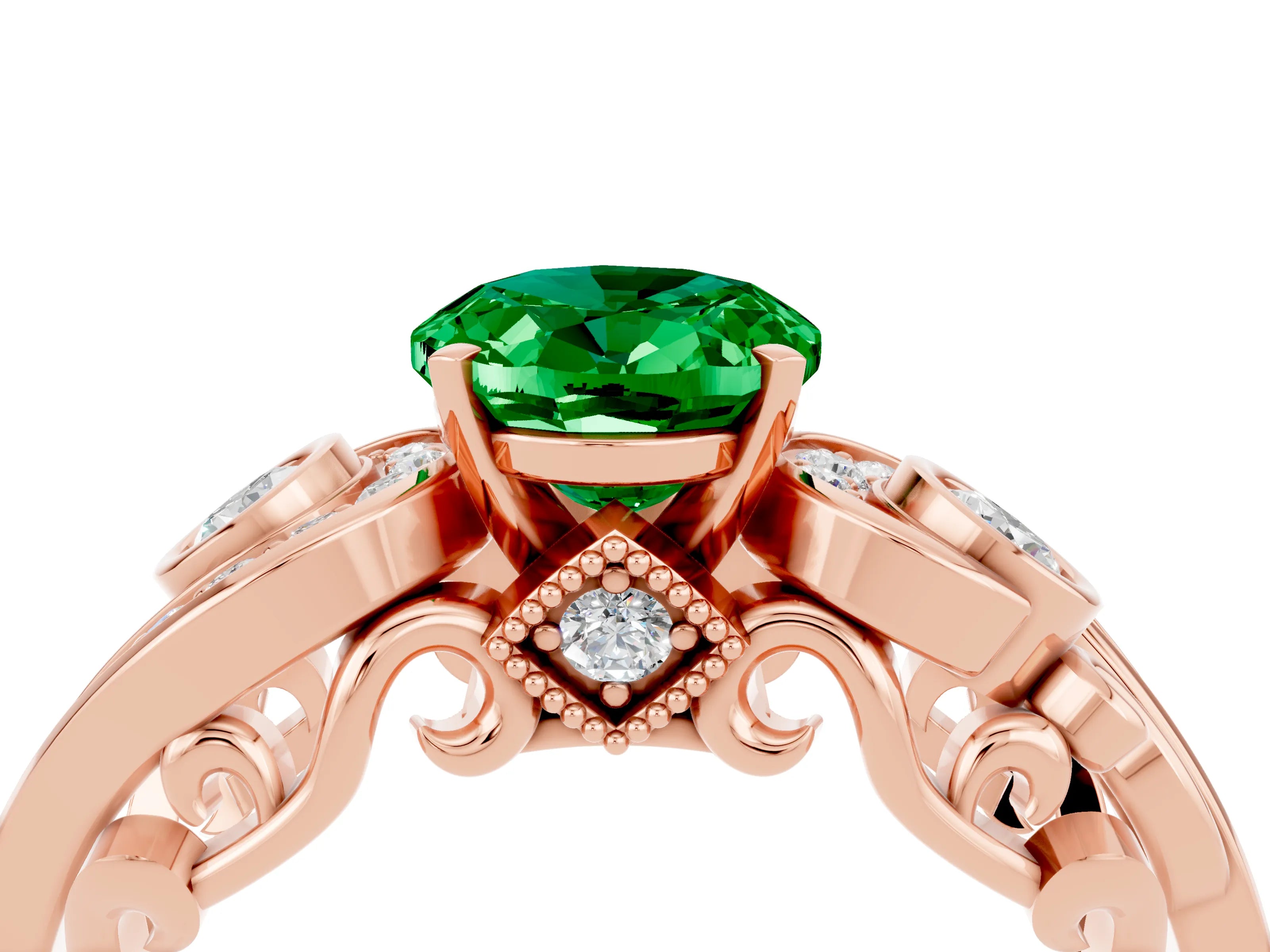 Rose gold Oval Cut Emerald Solitaire Ring with Milgrain Pavé Band and Four-Prong Setting_28