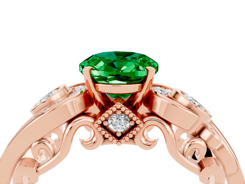 Rose gold Oval Cut Emerald Solitaire Ring with Milgrain Pavé Band and Four-Prong Setting_28