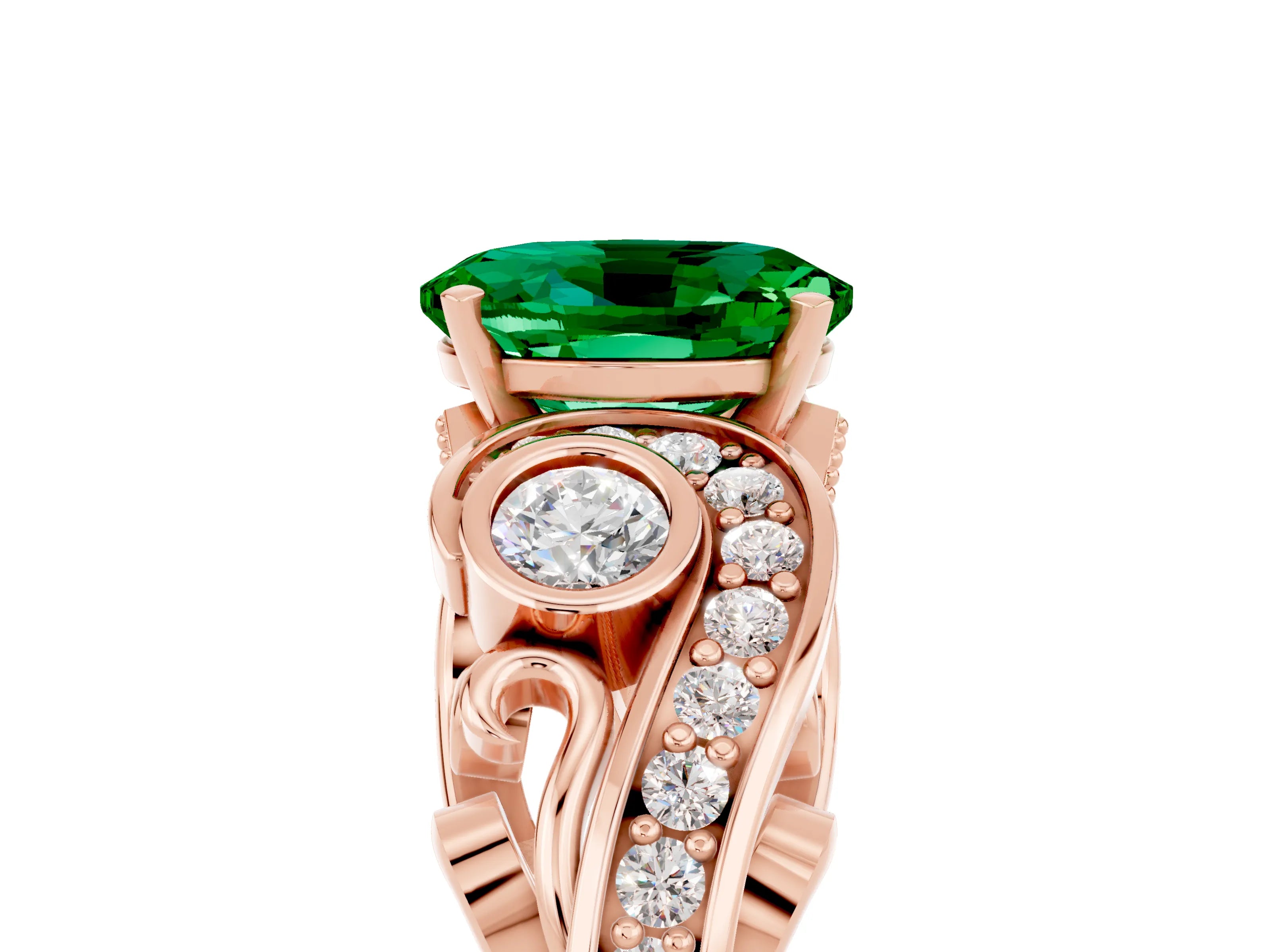 Rose gold Oval Cut Emerald Solitaire Ring with Milgrain Pavé Band and Four-Prong Setting_29