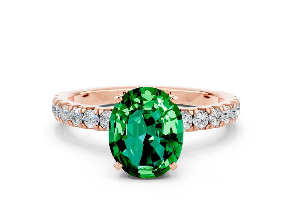 Rose gold Oval Cut Emerald Solitaire Ring with Pavé Accents and Four-Prong Setting