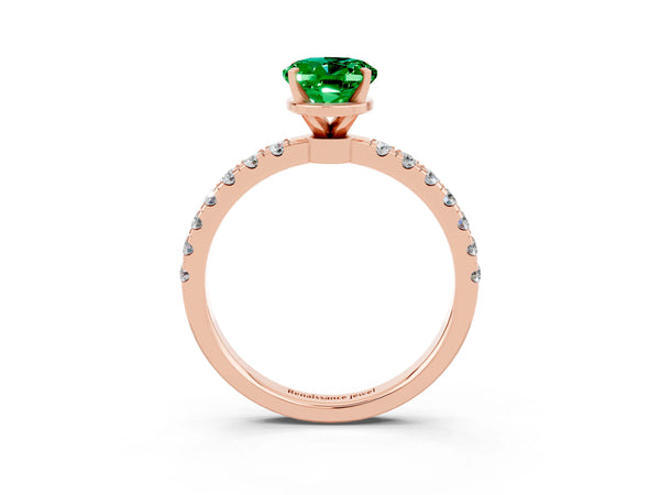 Rose gold Oval Cut Emerald Solitaire Ring with Pavé Accents and Four-Prong Setting
