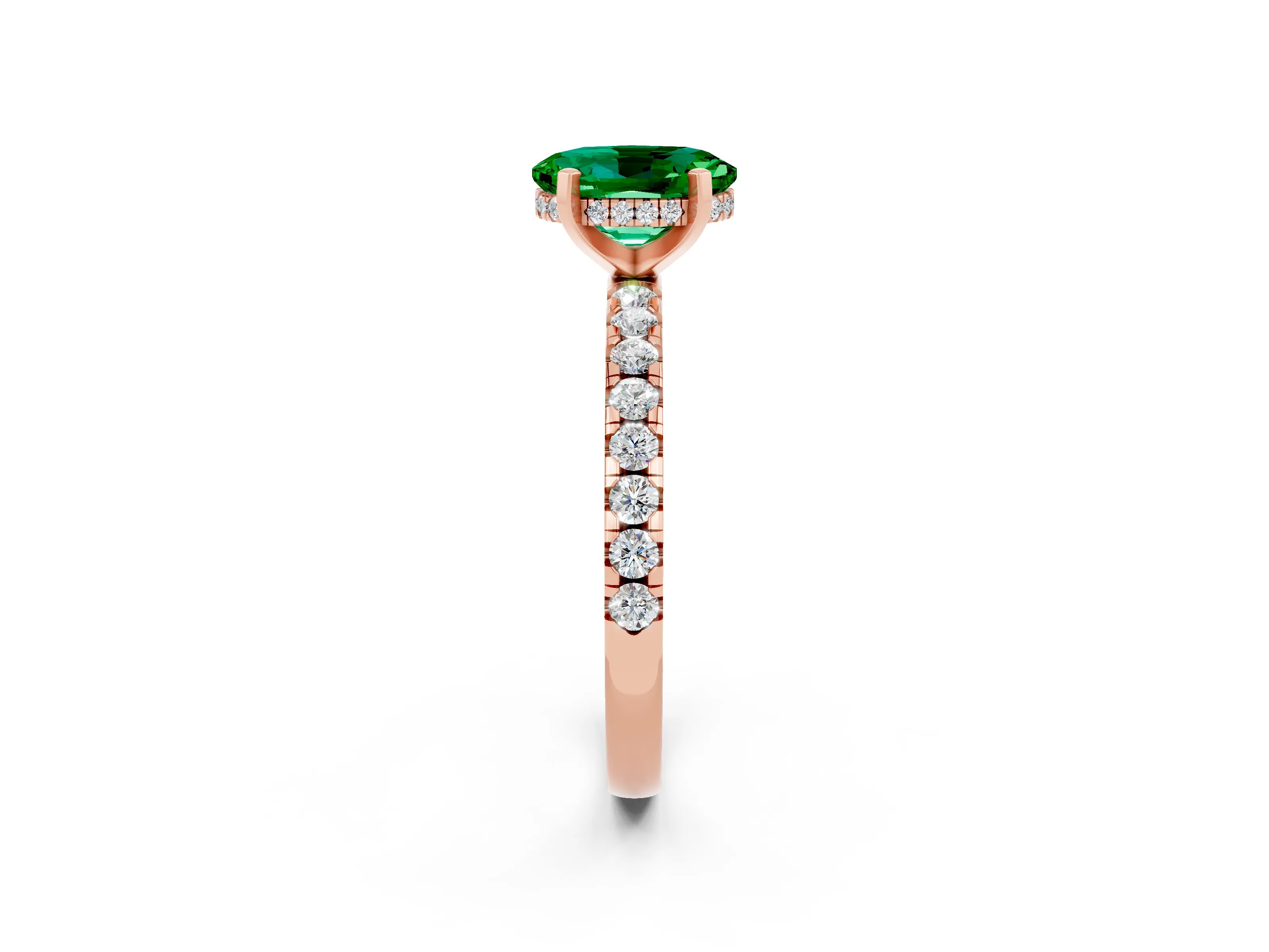 Rose gold Oval Cut Emerald Solitaire Ring with Pavé Band and Four-Prong Setting_26