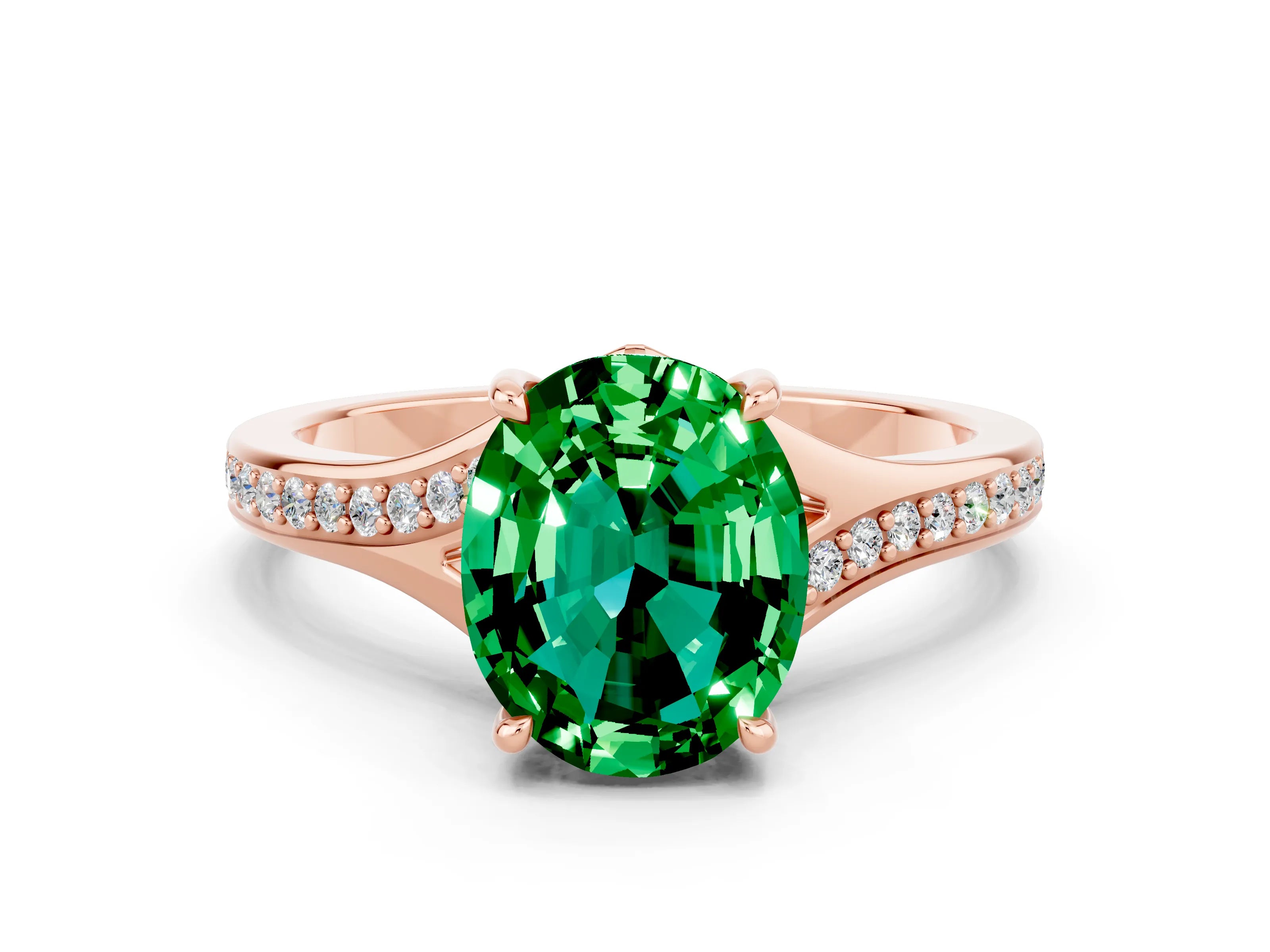Rose gold Oval Cut Emerald Solitaire Ring with Pavé Band and Prong Setting