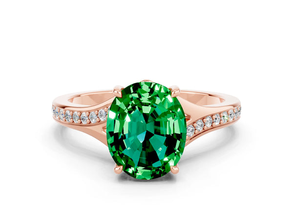 Rose gold Oval Cut Emerald Solitaire Ring with Pavé Band and Prong Setting