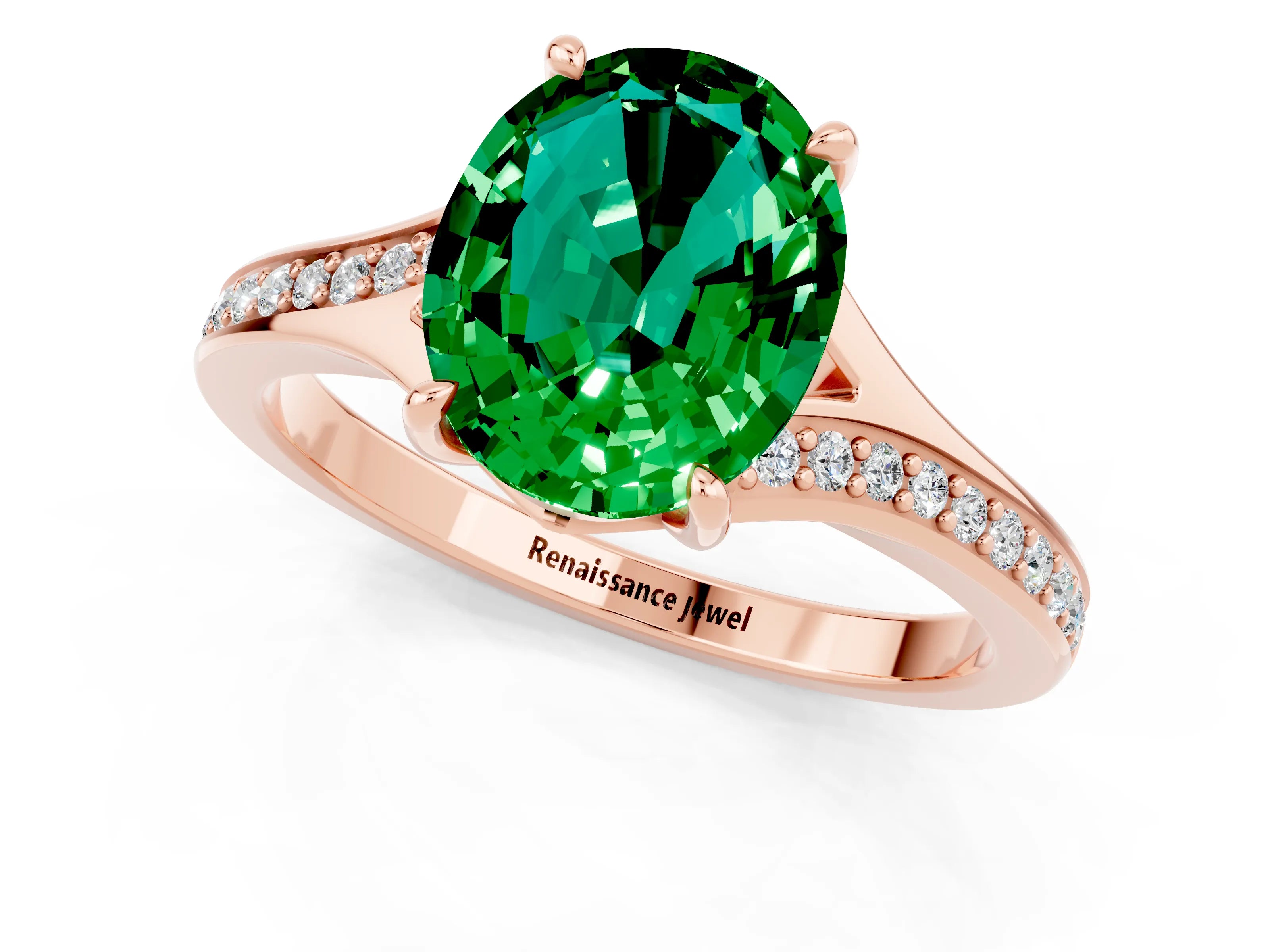 Rose gold Oval Cut Emerald Solitaire Ring with Pavé Band and Prong Setting_1