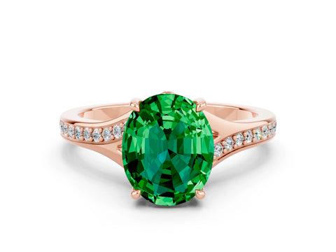 Rose gold Oval Cut Emerald Solitaire Ring with Pavé Band and Prong Setting_12