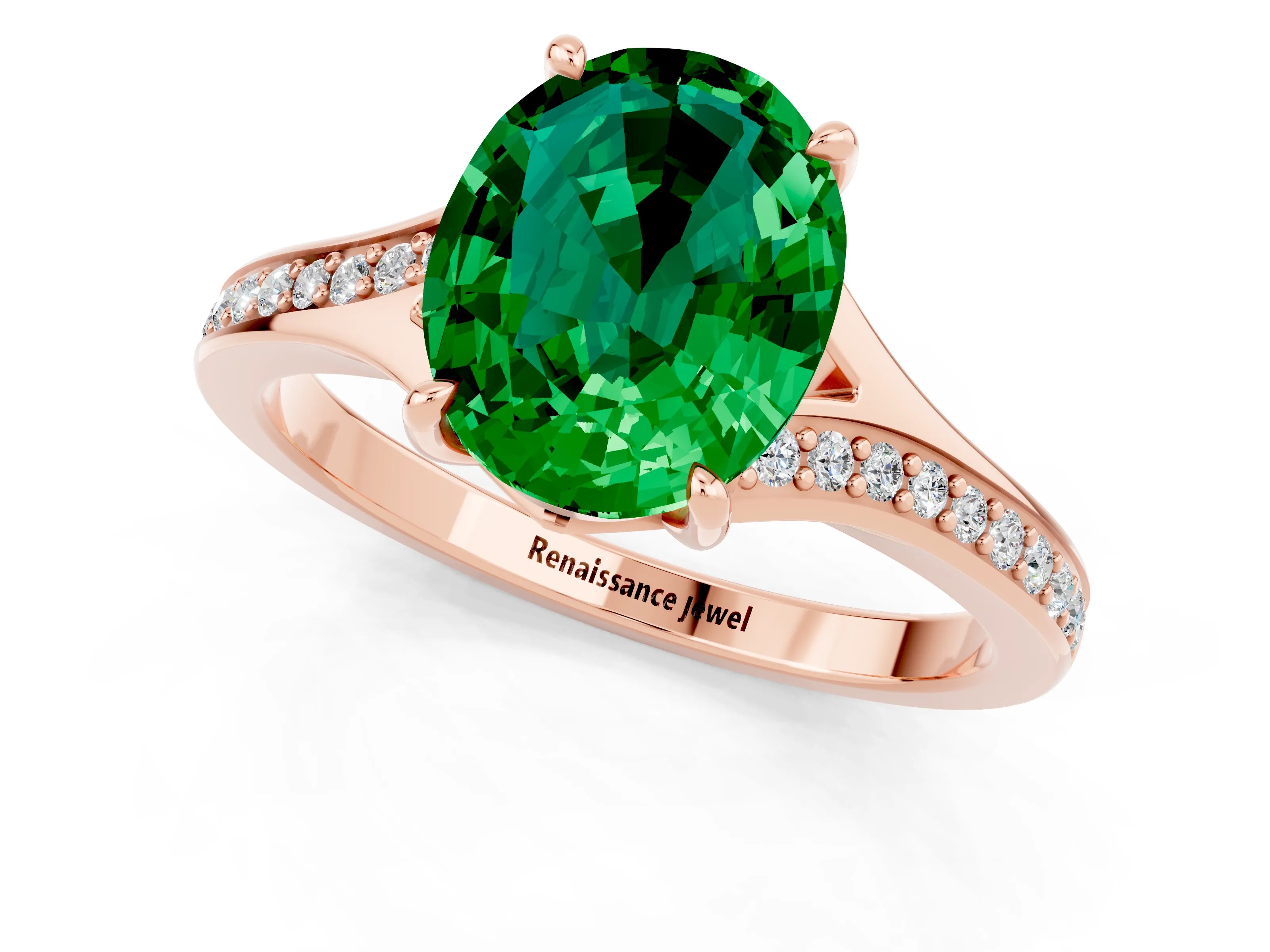 Rose gold Oval Cut Emerald Solitaire Ring with Pavé Band and Prong Setting_13