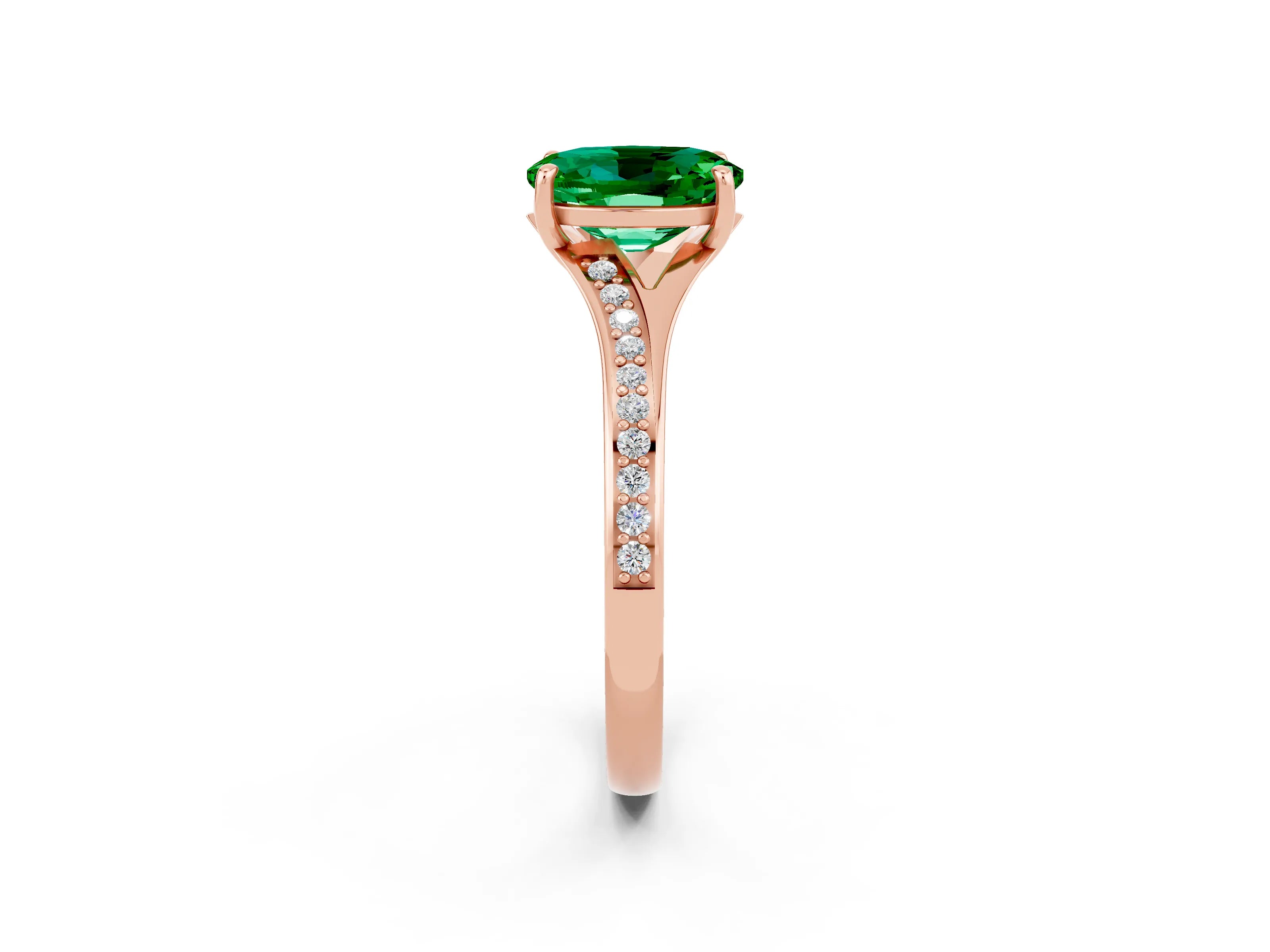 Rose gold Oval Cut Emerald Solitaire Ring with Pavé Band and Prong Setting_14