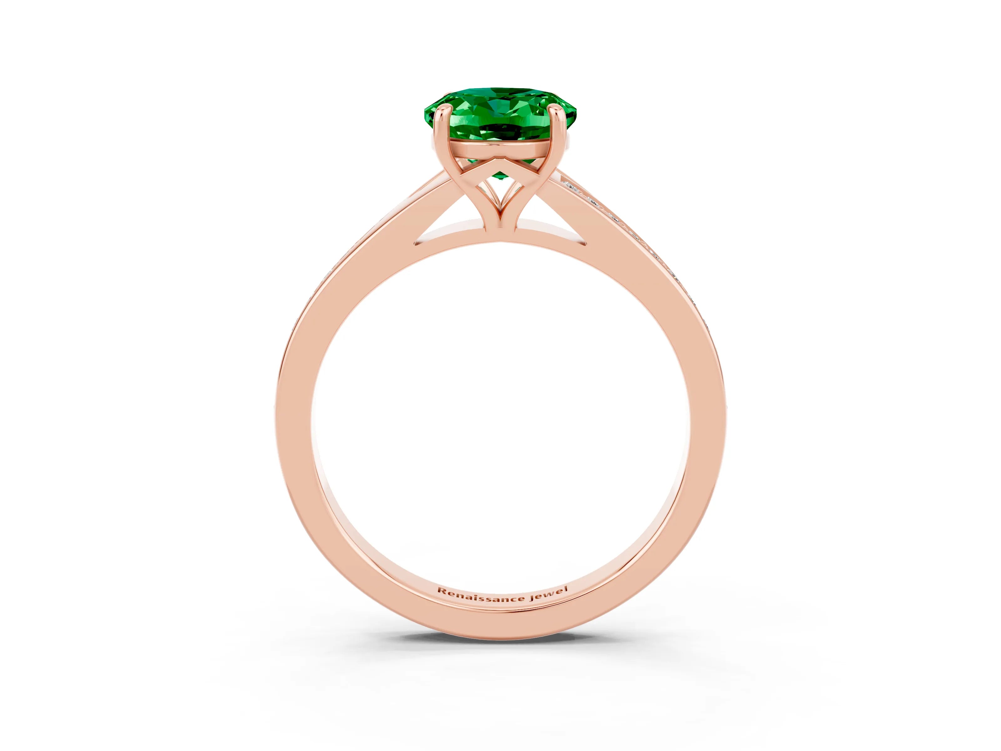 Rose gold Oval Cut Emerald Solitaire Ring with Pavé Band and Prong Setting_15