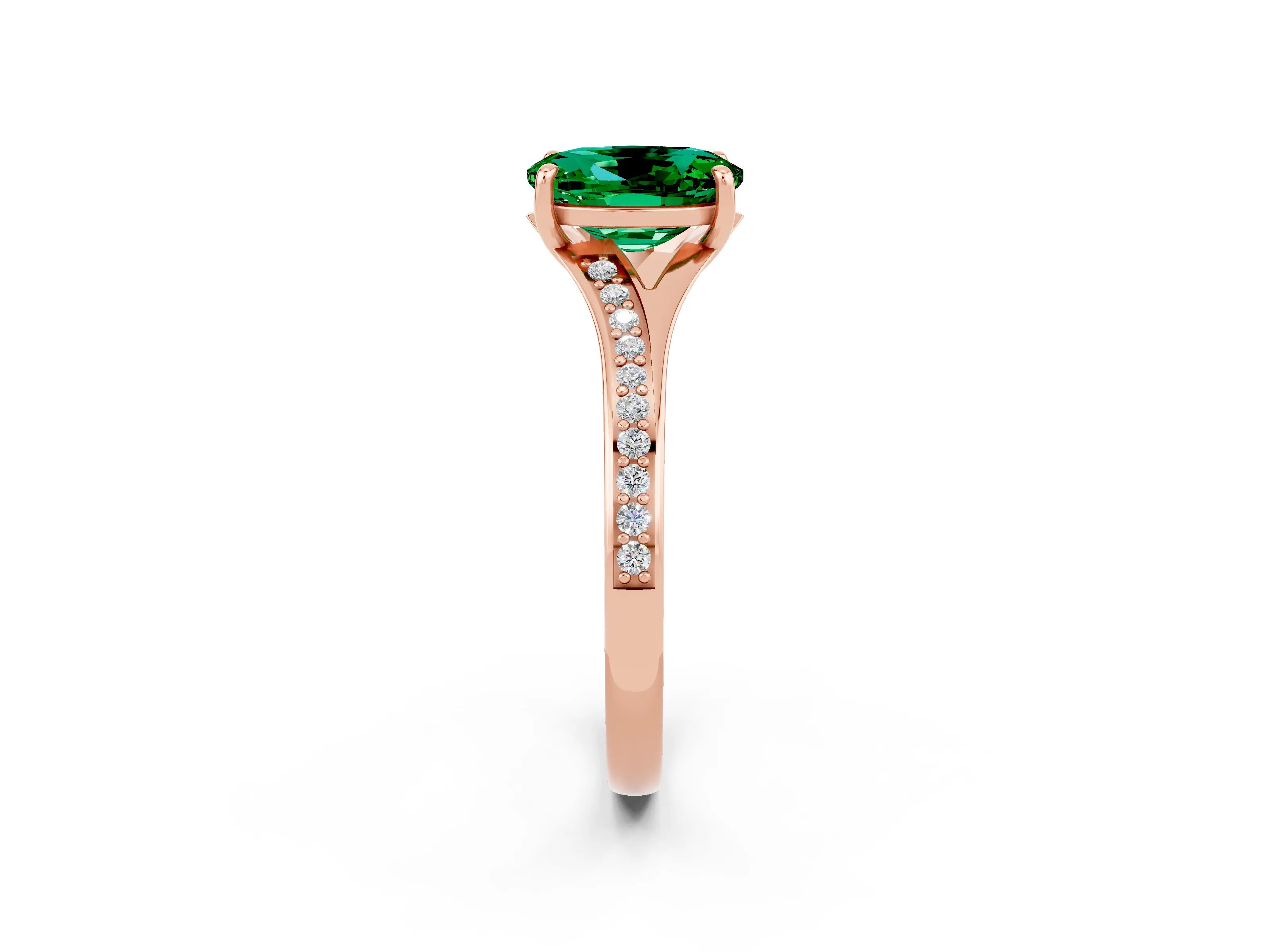 Rose gold Oval Cut Emerald Solitaire Ring with Pavé Band and Prong Setting_2