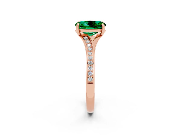 Rose gold Oval Cut Emerald Solitaire Ring with Pavé Band and Prong Setting