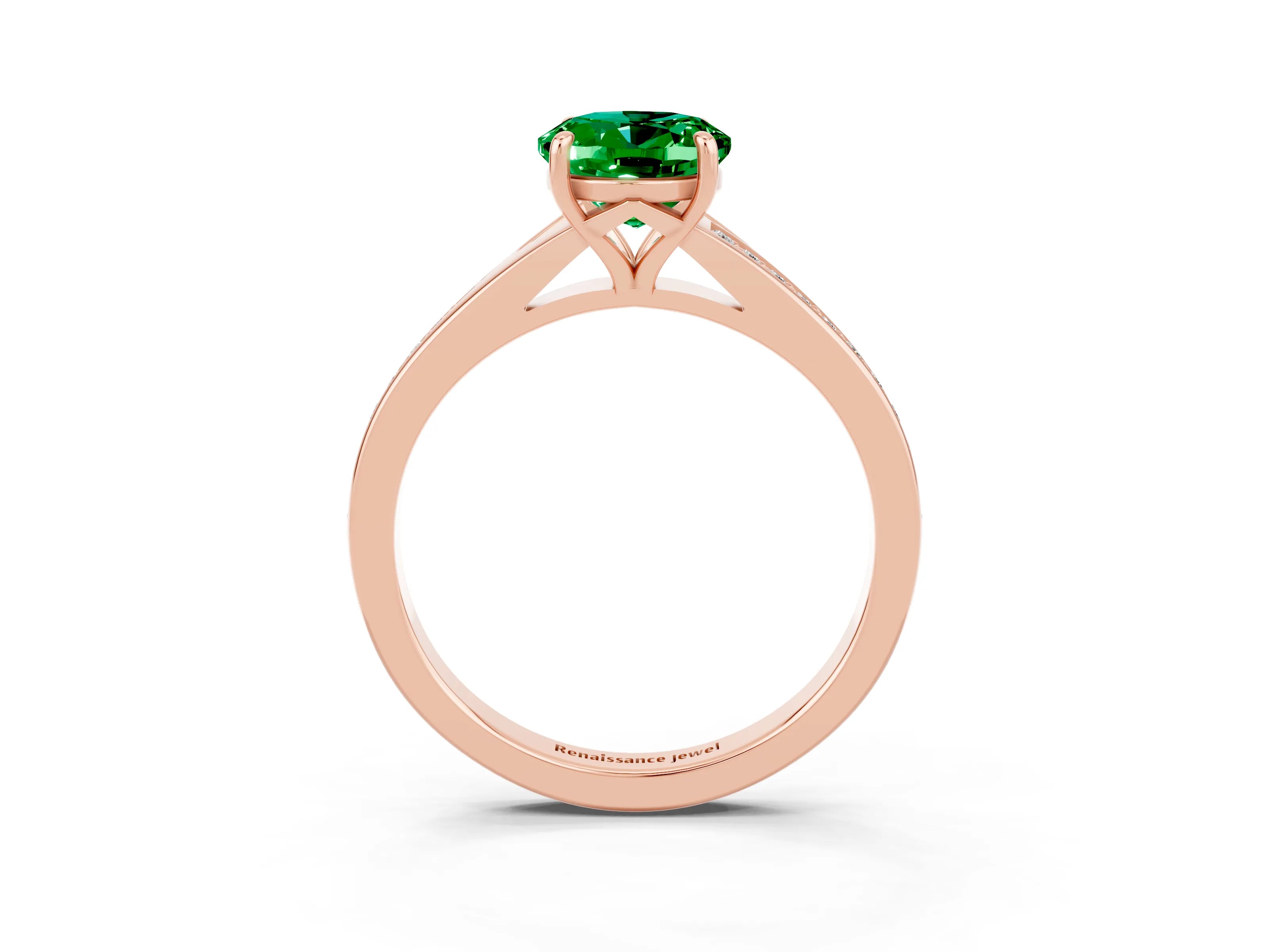 Rose gold Oval Cut Emerald Solitaire Ring with Pavé Band and Prong Setting_3