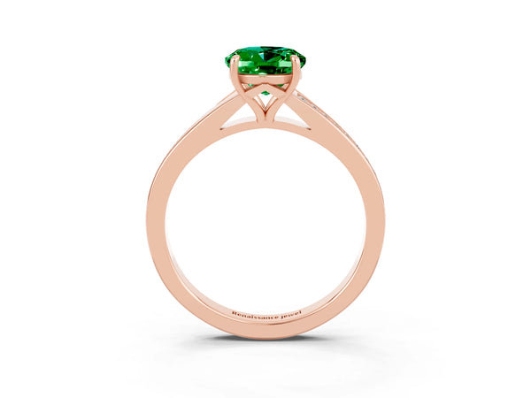 Rose gold Oval Cut Emerald Solitaire Ring with Pavé Band and Prong Setting
