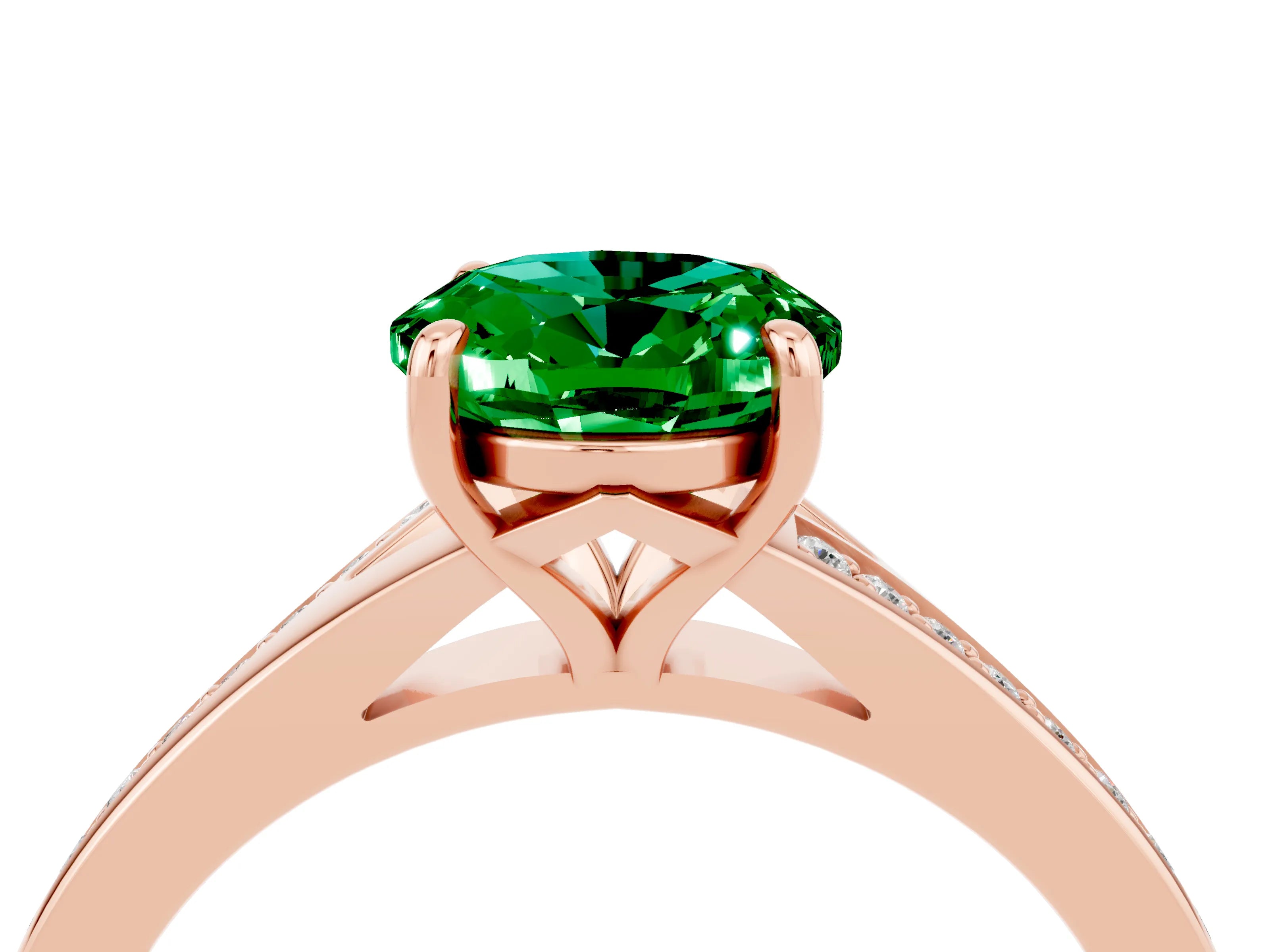 Rose gold Oval Cut Emerald Solitaire Ring with Pavé Band and Prong Setting_4
