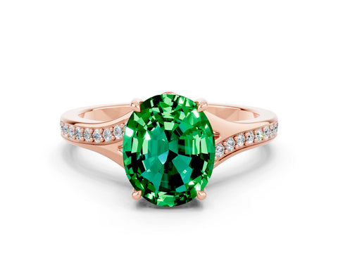 Rose gold Oval Cut Emerald Solitaire Ring with Pavé Band and Prong Setting