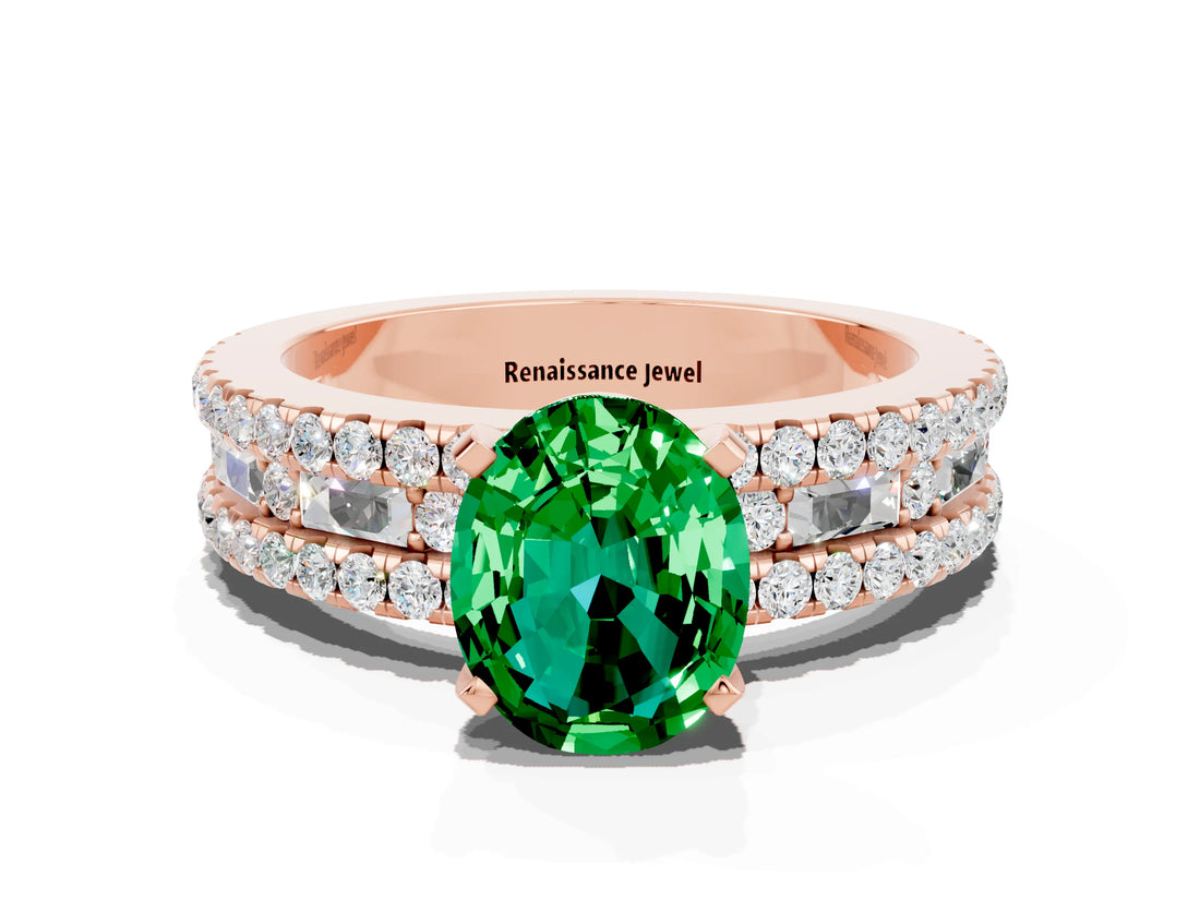 Rose gold Oval Cut Emerald Solitaire Ring with Pavé and Channel Set Band