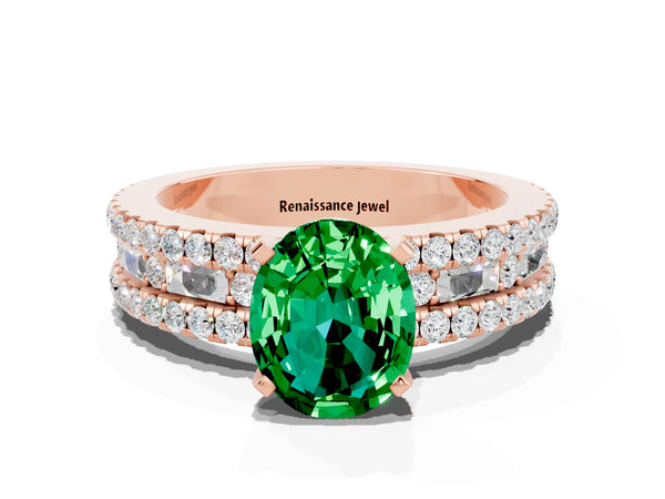 Rose gold Oval Cut Emerald Solitaire Ring with Pavé and Channel Set Band