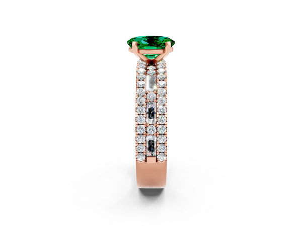 Rose gold Oval Cut Emerald Solitaire Ring with Pavé and Channel Set Band