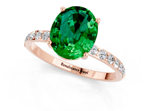 Rose gold Oval Cut Emerald Solitaire Ring with Round  Pavé Band and Prong Setting