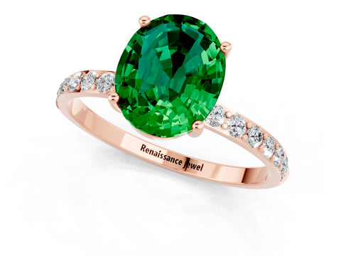 Rose gold Oval Cut Emerald Solitaire Ring with Pave Band and Four Prong Setting_25