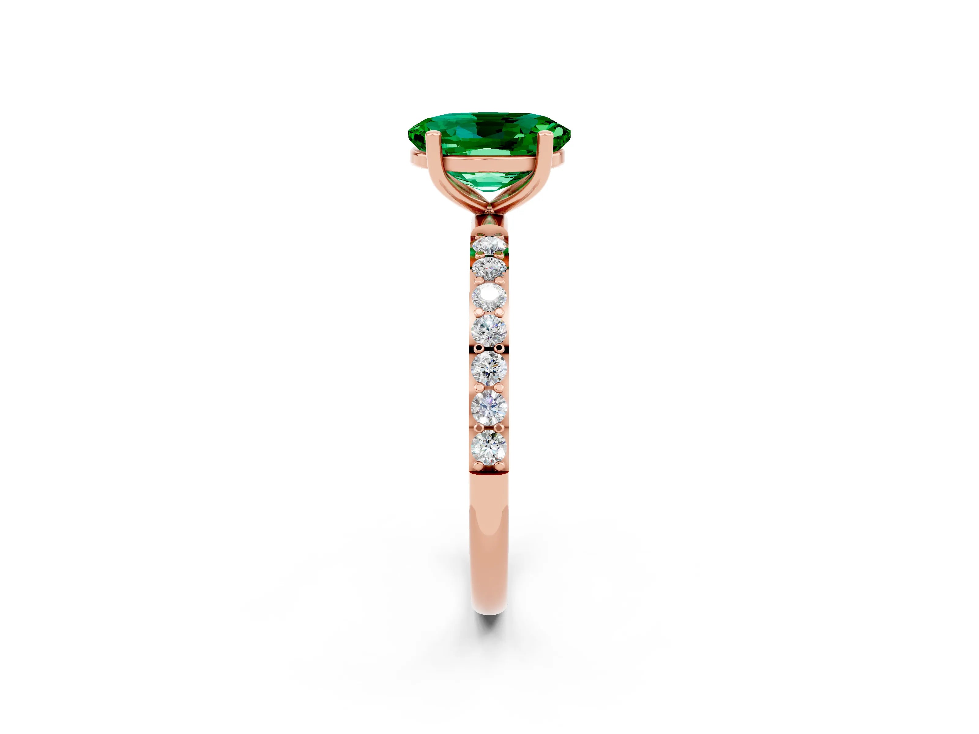 Rose gold Oval Cut Emerald Solitaire Ring with Pave Band and Four Prong Setting_26