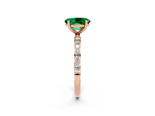 Rose gold Oval Cut Emerald Solitaire Ring with Round  Pavé Band and Prong Setting